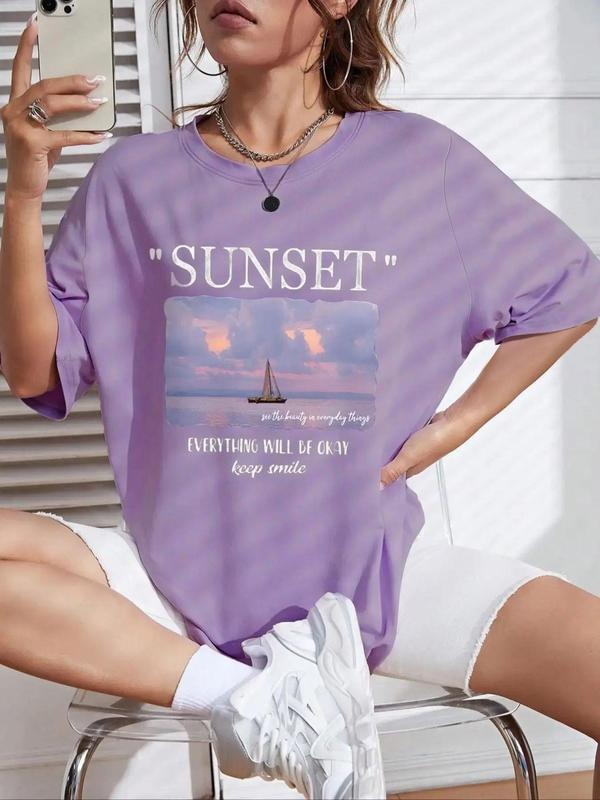 Women's Landscape Print Round Neck Tee, Vintage Trendy Casual Letter Graphic Drop Shoulder Half Sleeve T-Shirt, Ladies...