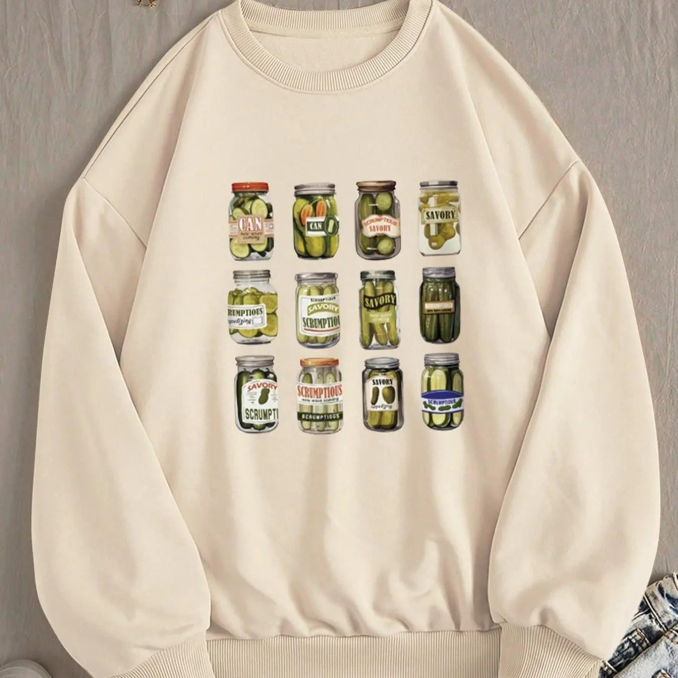 Women's Pickle Jar Print Drop Shoulder Sweatshirt, Casual Long Sleeve Round Neck Pullover for Fall & Winter, Women's...