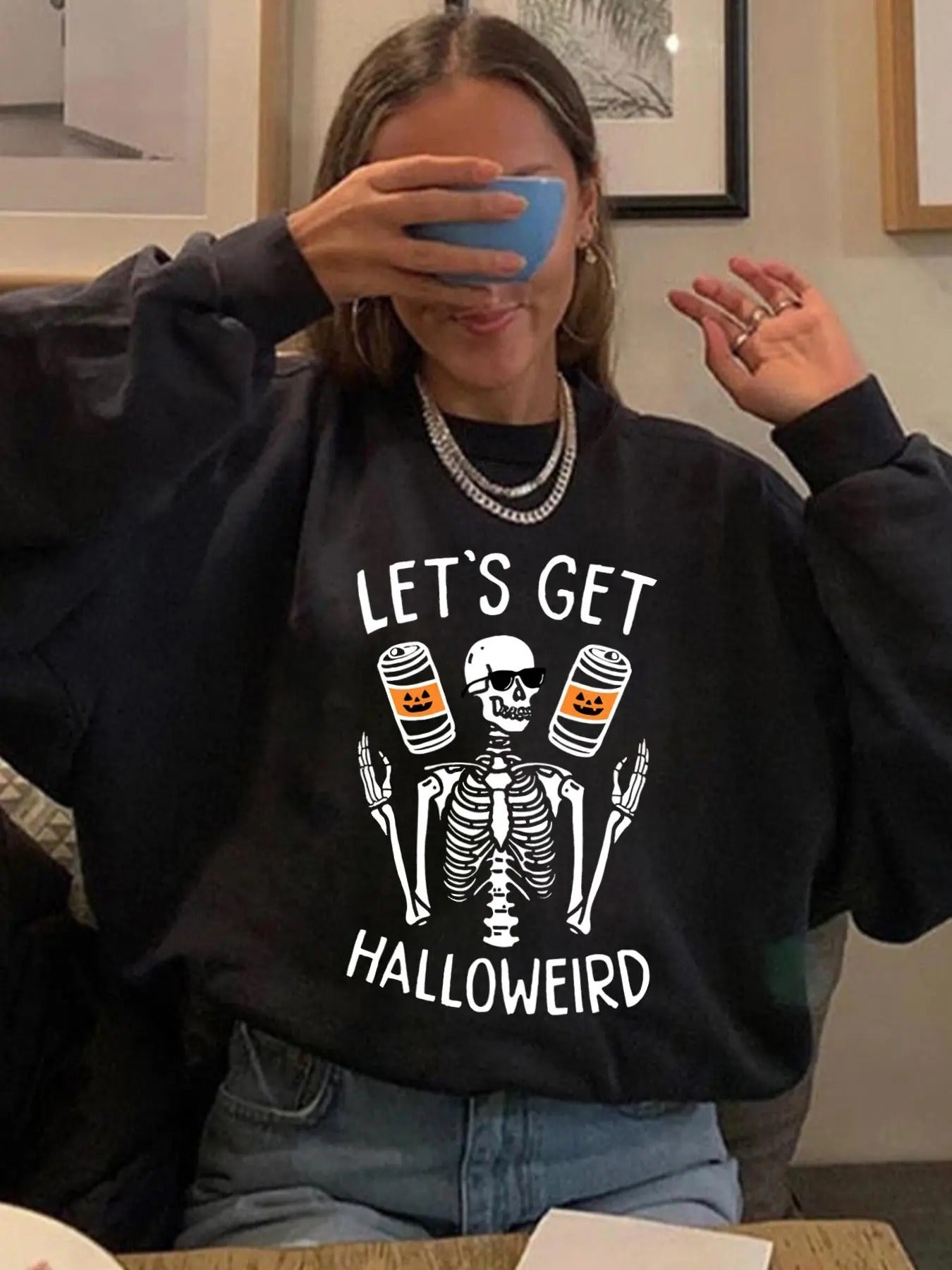 Women's Skeleton Print Drop Shoulder Sweatshirt, Casual Long Sleeve Round Neck Pullover for Daily Wear, Ladies Spring &...