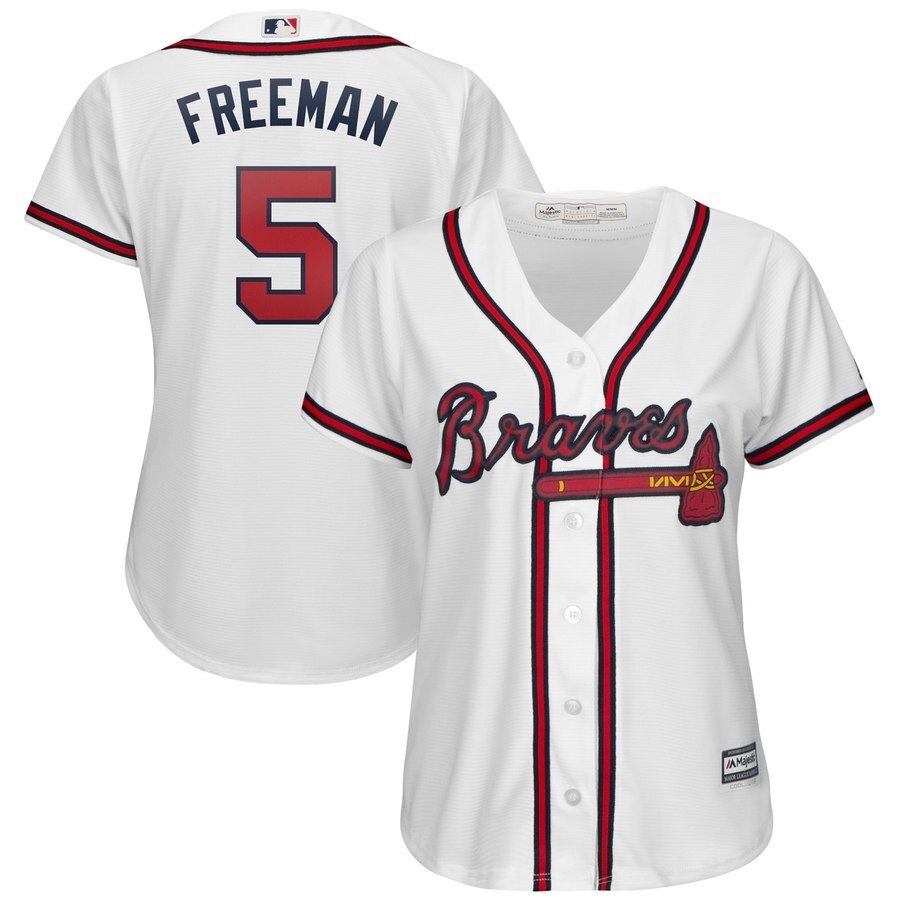 Women Atlanta Braves #5 Freddie Freeman Majestic 2019 Home Cool Base Player Jersey - White