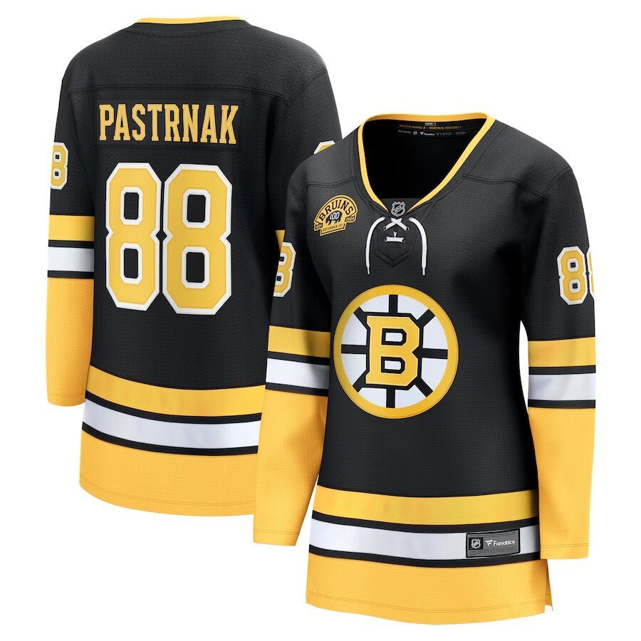 Women Boston Bruins #88 David Pastrnak 100th Anniversary Premier Breakaway Player Jersey - Black