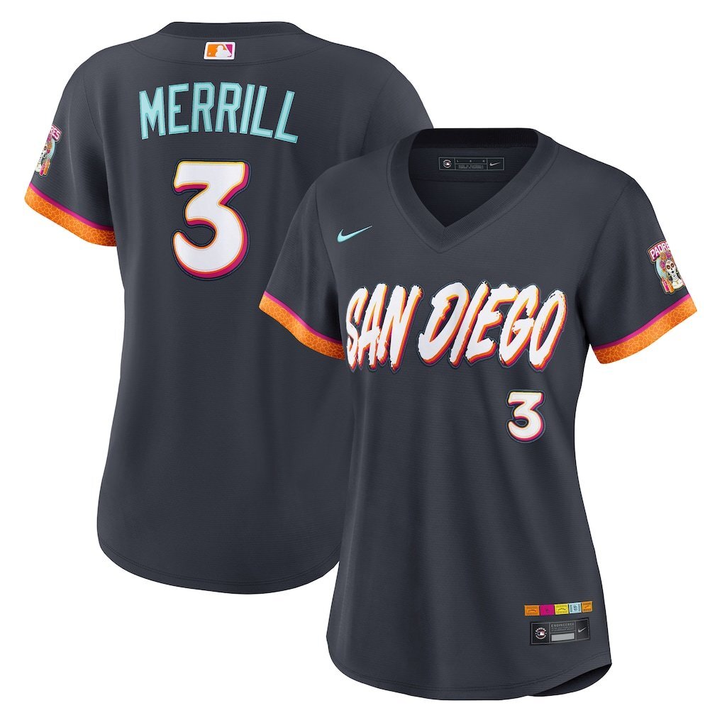 Women San Diego Padres #3 Jackson Merrill 2026 City Connect Stadium Jersey - Obsidian