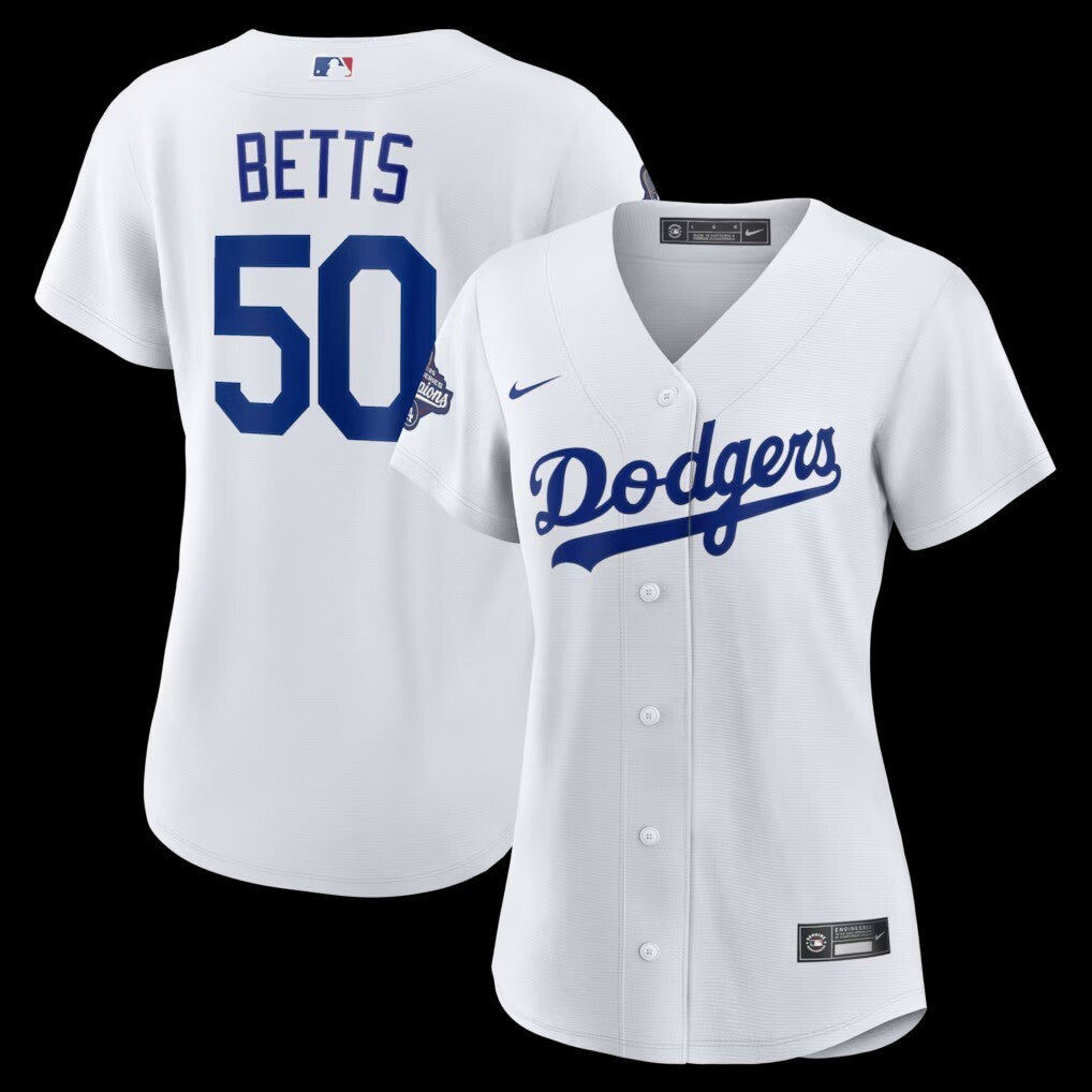 Women's Los Angeles Dodgers #50 Mookie Betts 2025 World Series Champions Home Replica Player Jersey - White