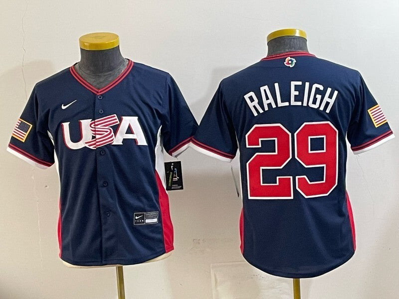 Youth USA Baseball #29 Cal Raleigh Navy 2026 World Baseball Classic 26 World Cup Youth