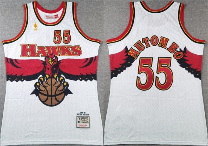 atlanta hawks #55 dikembe mutombo white 1996-97 throwback swingman