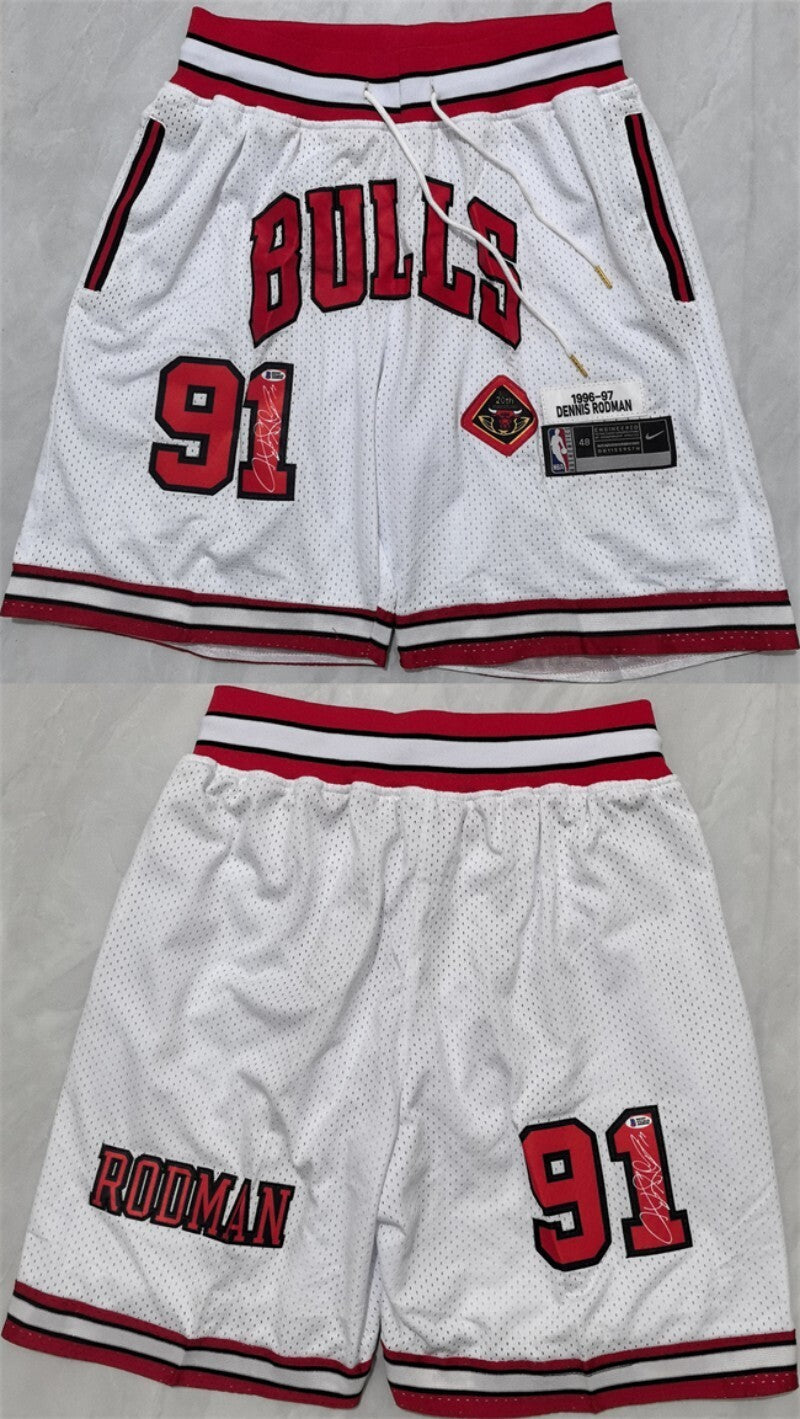 chicago bulls #91 dennis rodman white 2025 shorts (run small)