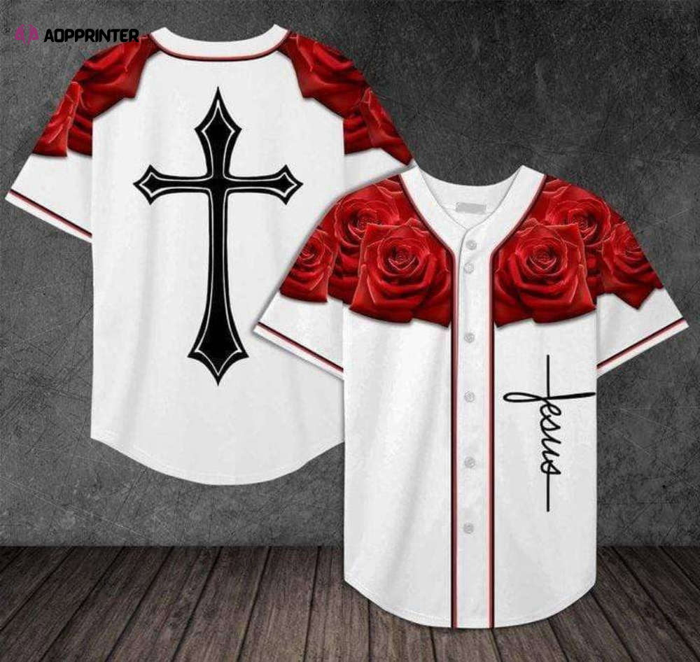 Colorful Cross and Rose White Baseball Jersey Full Size Unisex S-5XL