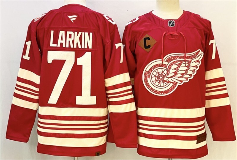 detroit red wings #71 dylan larkin red 2025-26 with c patch centennial premium