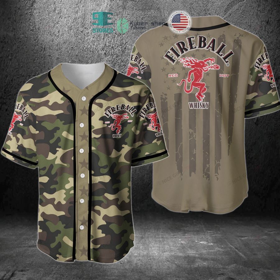 BEST Fireball Whisky United States Flag green camo Baseball Jersey