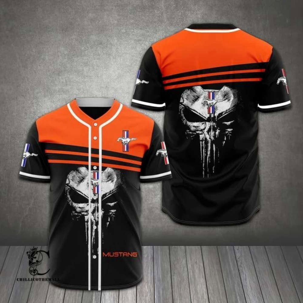 Mustang Skull Orange Black Baseball Jersey