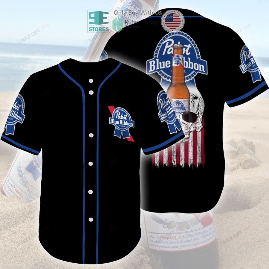 BEST Pabst Blue Ribbon Skull United States Flag black Baseball Jersey