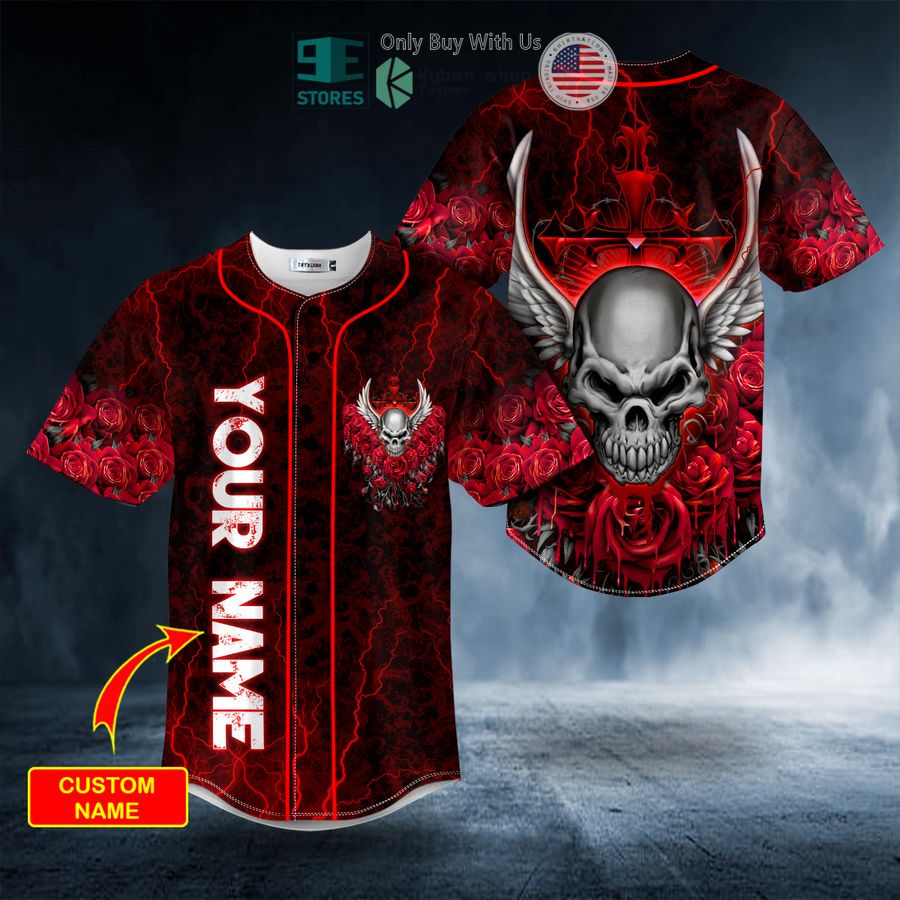 BEST Personalized Red Roses Winged Angel Skull Custom Baseball Jersey