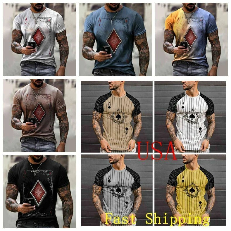 Camiseta A Rayas Para Hombre Camisa De Verano Elegante Estampado De Póquer Carta