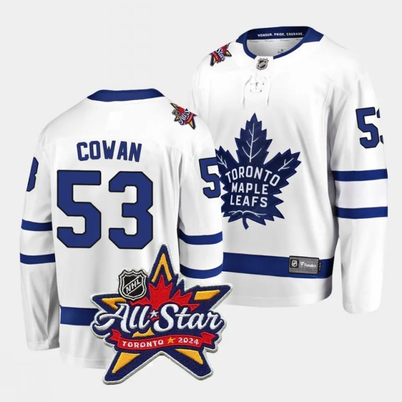 toronto maple leafs #53 easton cowan 2024 nhl all-star patch white away jersey
