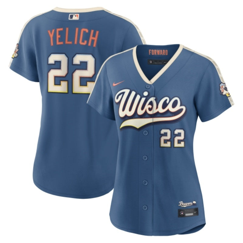 women milwaukee brewers #22 christian yelich 2026 city connect stadium jersey - mineral blue_conew1