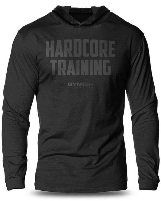 080. HARDCORE TRAINING Workout Lightweight Long Sleeve Hooded Gym T-shirt for Men Soft Cotton Menswear Hoodie, Sweatshirt