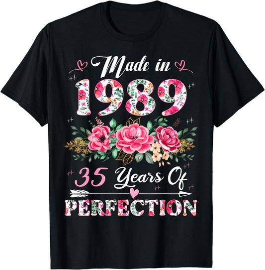 [100% Cotton] 35 Year Old Made In 1989 Floral 35th Birthday Gifts Women T-Shirt Hoodie, Sweatshirt | WearSparks.com
