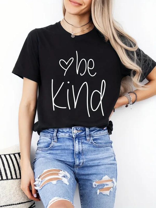 [100% Cotton] Be Kind Print Crew Neck T-shirt, Casual Short Sleeve Top For Spring & Summer, Women's Clothing Hoodie,...
