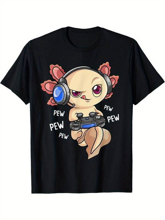 [100% Cotton] Black Cotton Kawaii Axolotl Gaming T-Shirt