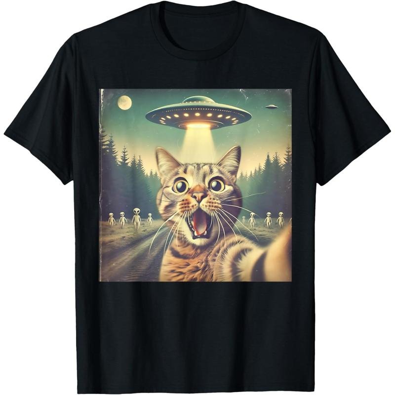 [100% Cotton] Cat UFO Selfie Art Funny Cat Alien T-Shirt Hoodie, Sweatshirt | WearSparks.com