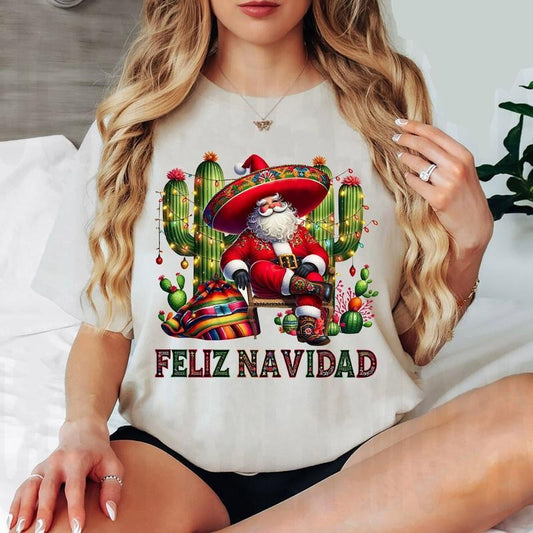 [100% Cotton] Feliz Navidad Santa With Cactus Sweater , Mexican Christmas Sweater , Merry Christmas Hoodie T-shirt Sweatshirt