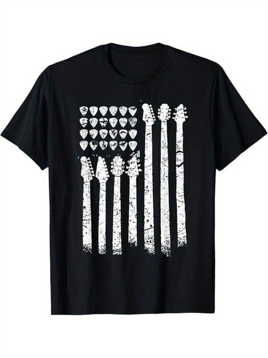 [100% Cotton] Guitar Print Men's Cotton Graphic T-shirt, Casual Short Sleeve Crew Neck T-shirt, Men's Tee For Outdoor...