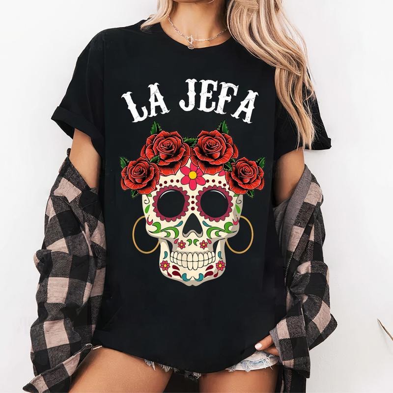 [100% Cotton] La Jefa Sugar Skull Apparel, Mexican Dia De Los Muertos Dead T-Shirt Hoodie, Sweatshirt | WearSparks.com