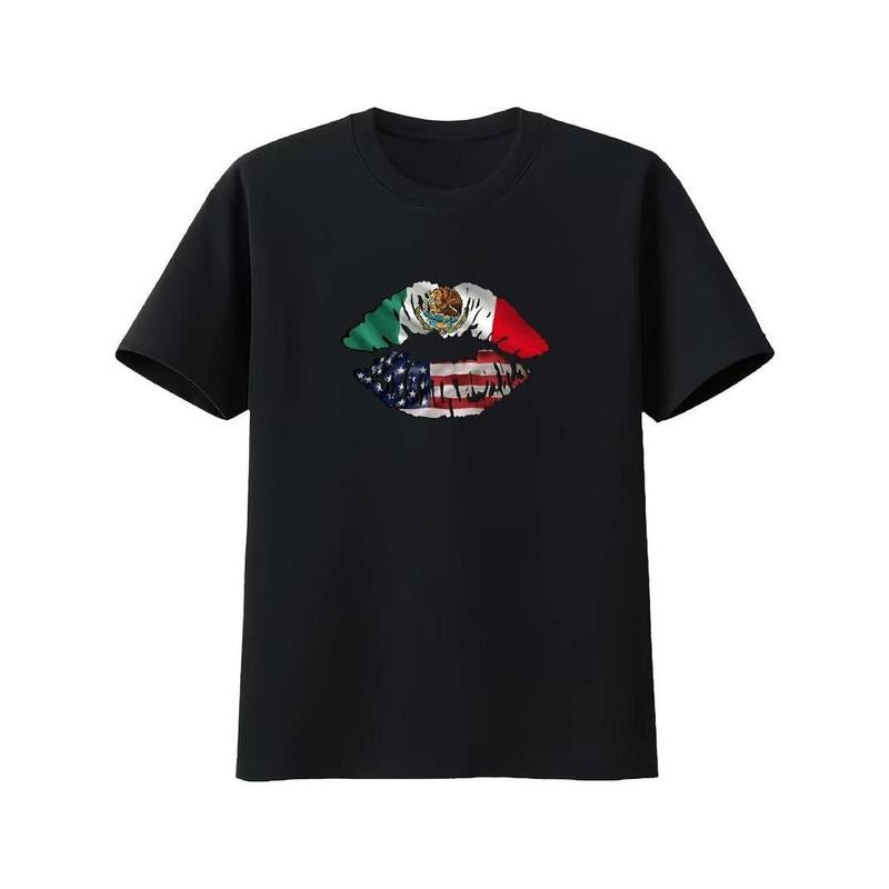 [100% Cotton] Soft & Breathable 100% Cotton T-Shirt with USA-Mexico Flag Lips Design Hoodie, Sweatshirt | WearSparks.com