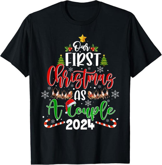 100% Cotton Our First Christmas As A Couple 2024 Xmas Love Couple Pajama T-Shirt Hoodie, Sweatshirt | WearSparks.com