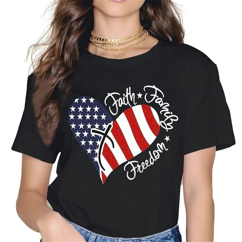 [100% Cotton]Patriotic Shirts for Women American Flag Shirt Faith Family Freedom Graphic Tee USA Star Stripes Tops...
