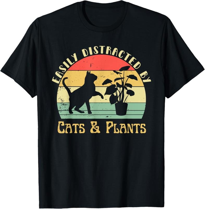 100% Cotton Retro Pet Cat Plant Lover Easily Distracted By Plants & Cats T-Shirt Hoodie, Sweatshirt | WearSparks.com