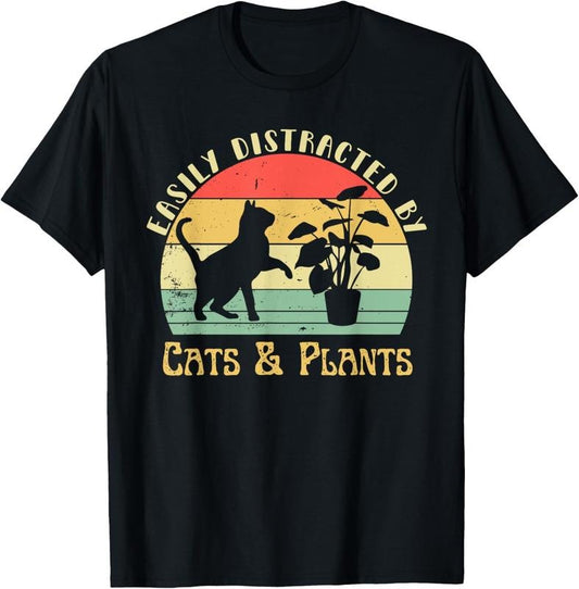 100% Cotton Retro Pet Cat Plant Lover Easily Distracted By Plants & Cats T-Shirt Hoodie, Sweatshirt | WearSparks.com