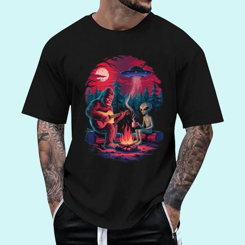 [100% Cotton Shirt] Funny Alien and Bigfoot Campfire Moon UFO Adventure Hiking Unisex T-Shirt Hoodie, Sweatshirt