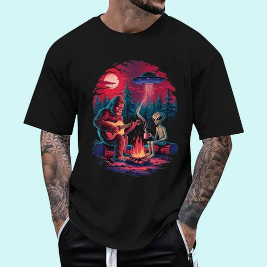 [100% Cotton Shirt] Funny Alien and Bigfoot Campfire Moon UFO Adventure Hiking Unisex T-Shirt Hoodie, Sweatshirt