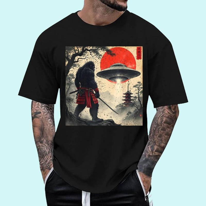 [100% Cotton Shirt] Samurai Bigfoot Japanese UFO Vintage Graphic Ukiyo-e Art Unisex T-Shirt Hoodie, Sweatshirt