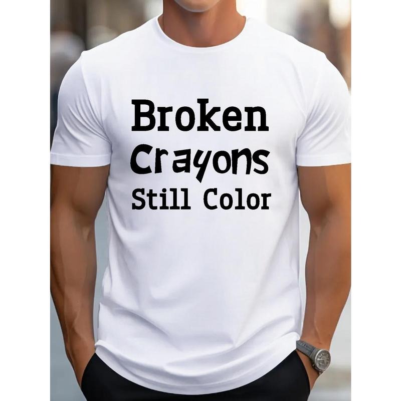 100% cotton T-shirt, BROKEN CRAYONS Print Crew Neck T-shirt For Men, Casual Short Sleeve Top, Men's Clothing For Summer...