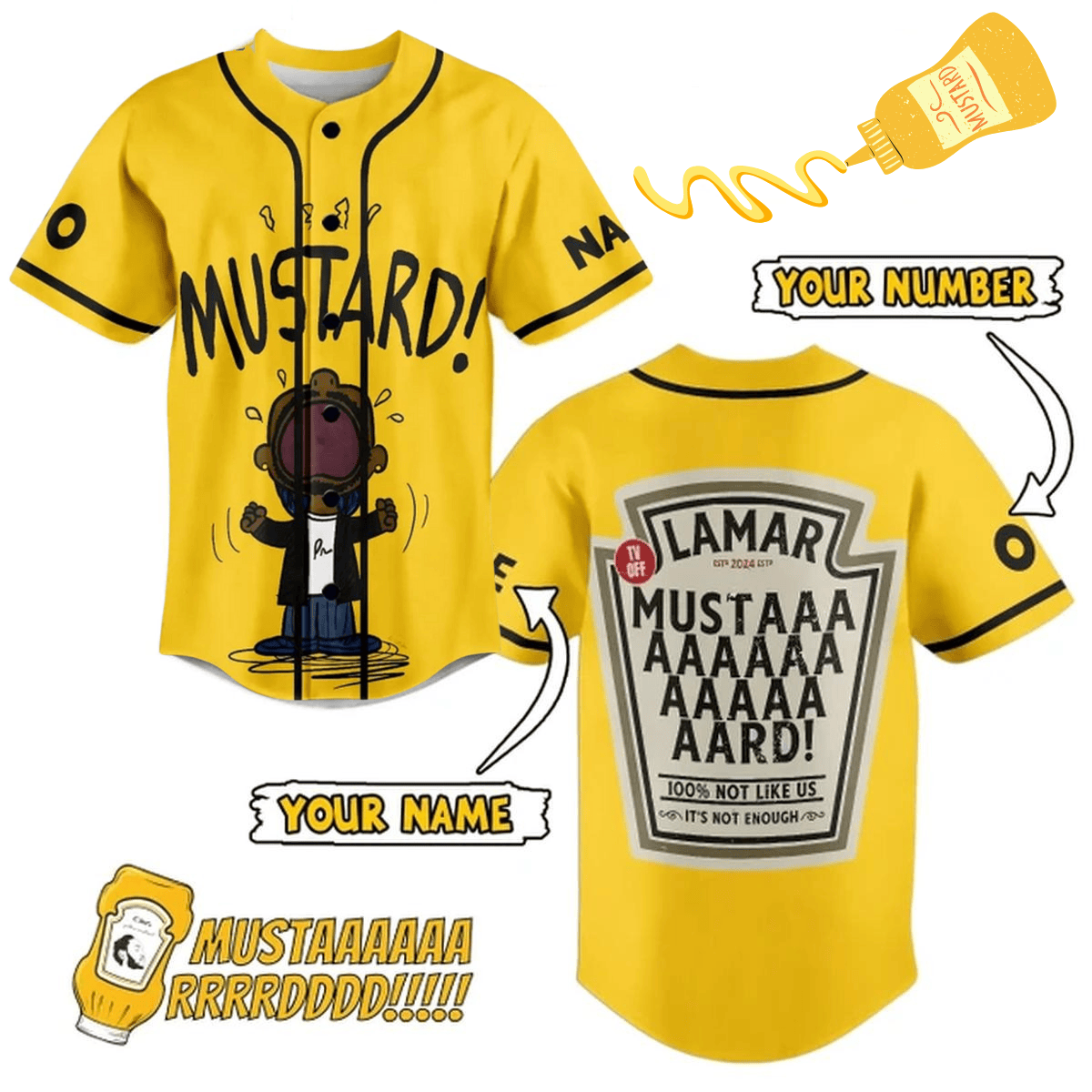 100% Not Like Us Kendrick Lamar Mustaaaaaard! Yellow Custom Baseball Jersey T-Shirts, Hoodie, Sweatshirt | WearSparks.com