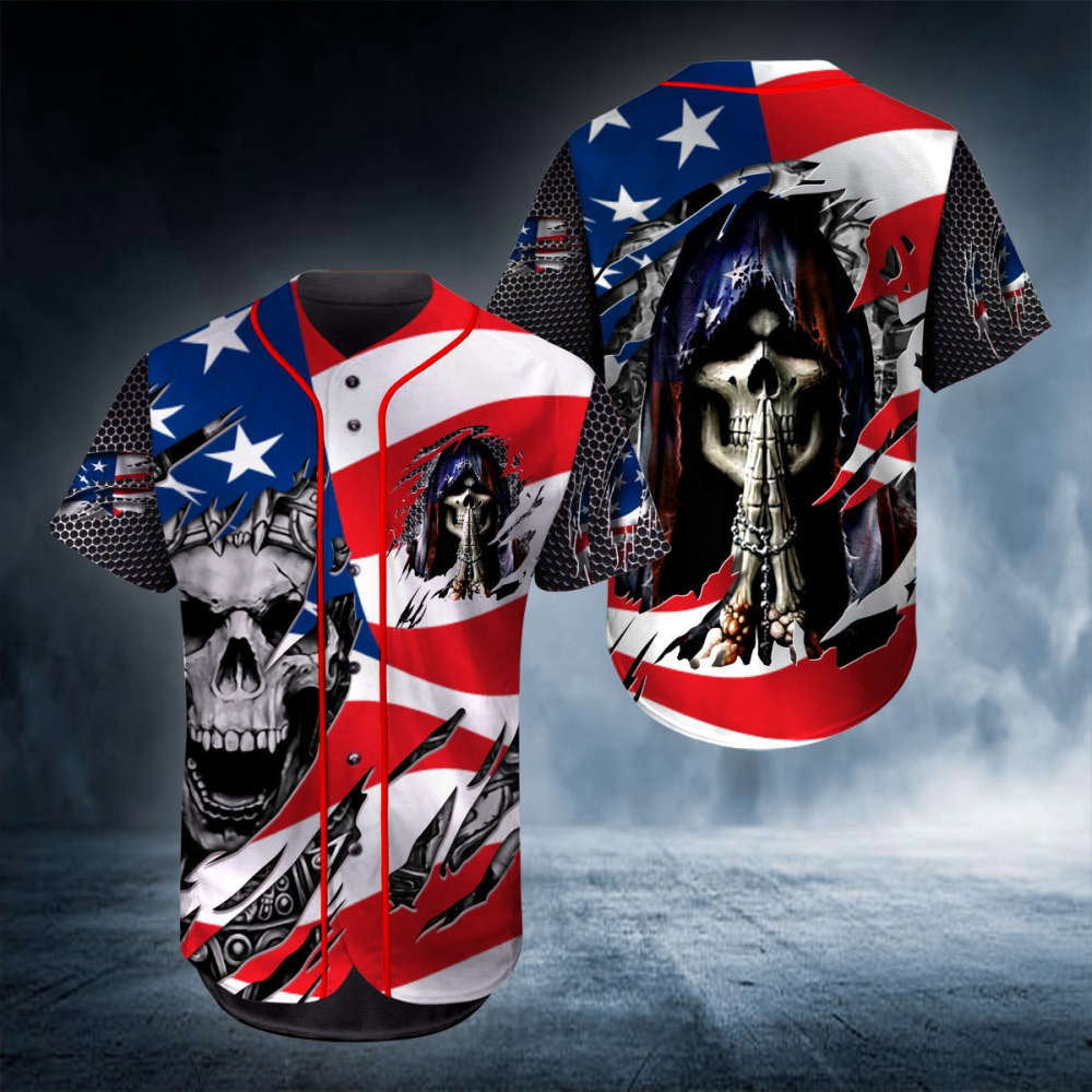 King Pray USA Flag Skull Baseball Jersey: Unique Stylish & Patriotic Apparel
