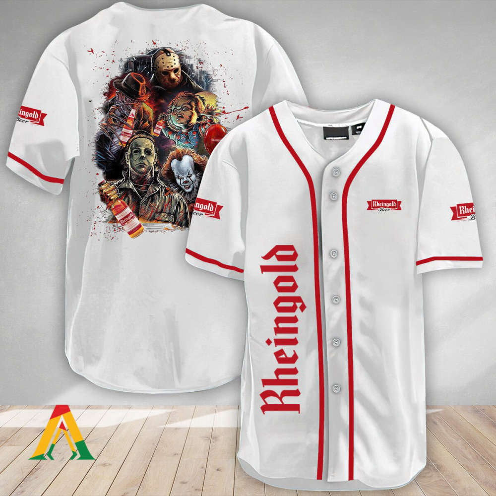 Halloween Horror Characters Rheingold Beer Baseball Jersey: Spooky Style for Baseball Fans