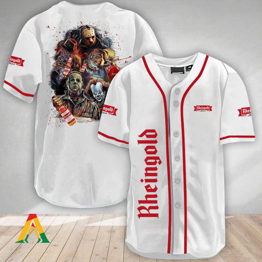 Halloween Horror Characters Rheingold Beer Baseball Jersey: Spooky Style for Baseball Fans