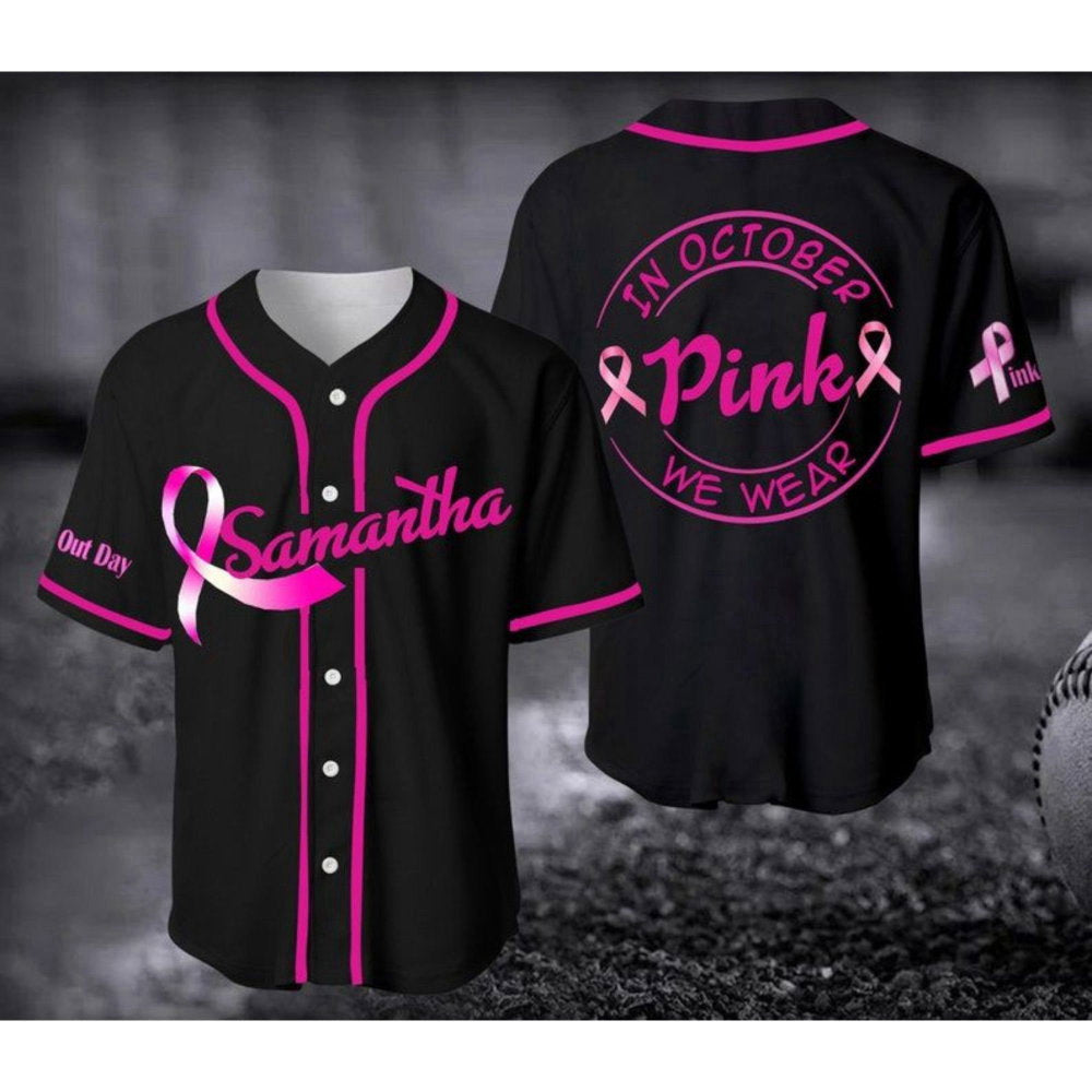 October We Wear Pink Baseball Jersey – Breast Cancer Unisex Shirt Gift for Her Him