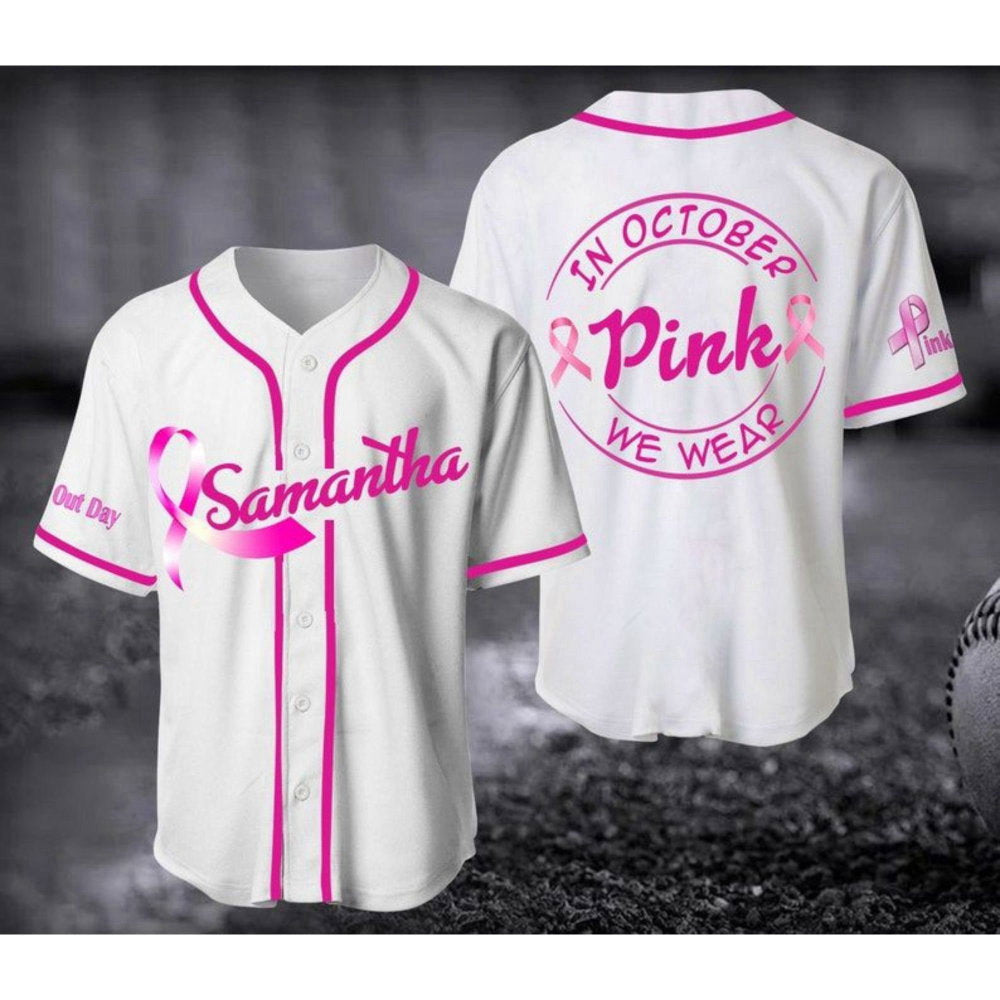 October We Wear Pink Baseball Jersey – Breast Cancer Unisex Shirt Gift for Her Him
