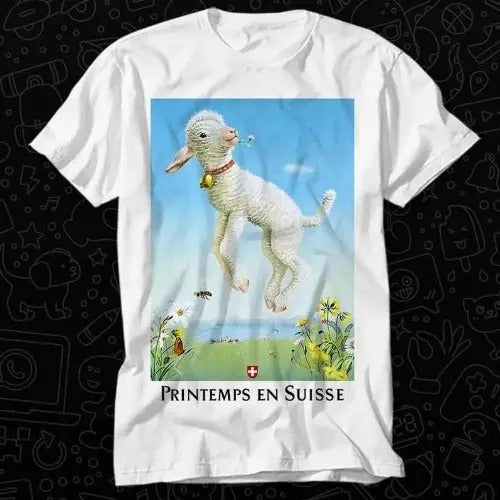1945 Spring In Switzerland Sheep Travel Poster T Shirt Best Seller Gift Unisex Top Adult Tee Music Movie Made in USA...