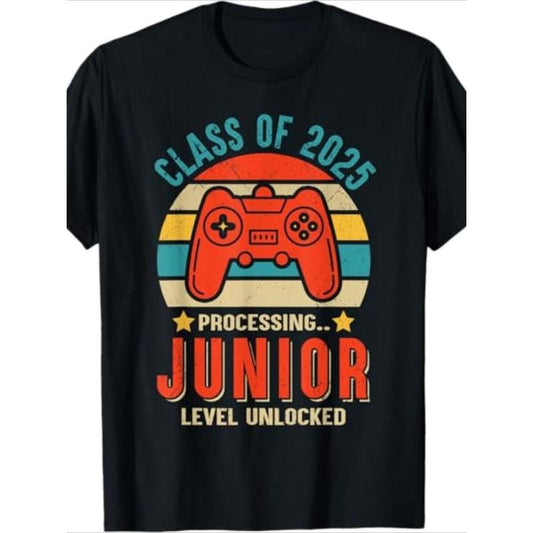 1pc 2025 Class of Junior Level Unlocked Game Controller Graphic T-Shirt, 100% Cotton, Crew Neck, Short Sleeve, Casual...