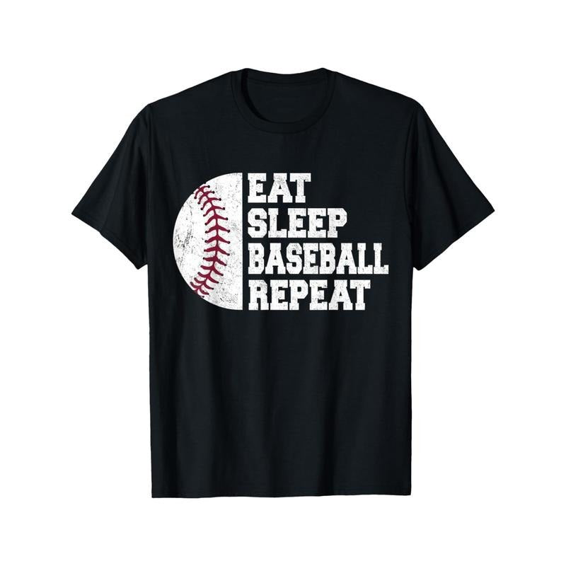 1pc Men'S Casual Cotton T-Shirt with "Eat Sleep Baseball Repeat" Slogan, Crew Neck, All-Season Comfort, Slight Stretch...