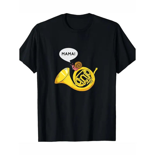 1pc Men'S Casual Cotton T-Shirt with French Horn & Snail Print, Crew Neck, Short Sleeve, Regular Fit, Puns Marching Band...