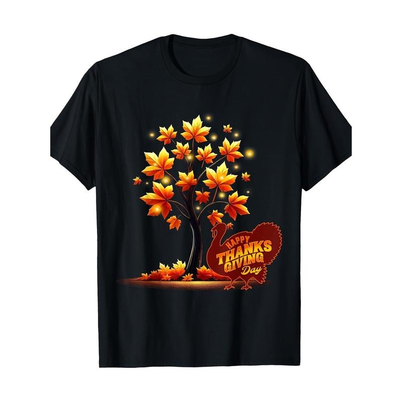 1pc Men'S Thanksgiving T-Shirt - 100% Cotton Casual Crew Neck Tee with Geometric Maple Tree and Turkey Design, Short...