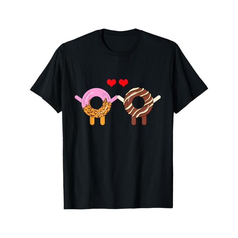 1pc Valentine'S Day Cute Doughnut Couple Print T-Shirt, 100% Cotton, Casual Round Neck Short Sleeve, Breathable &...