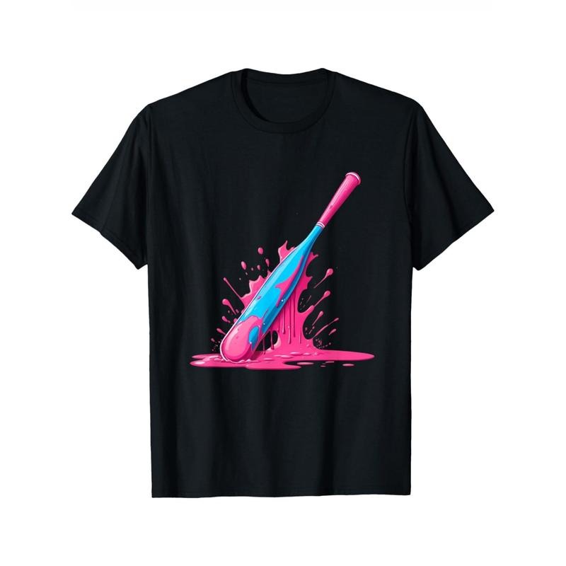 1pc Youth Baseball Bat Graphic T-Shirt, Casual Cotton Tee with Geometric Frosting Pattern, Comfortable Stretch Fabric,...