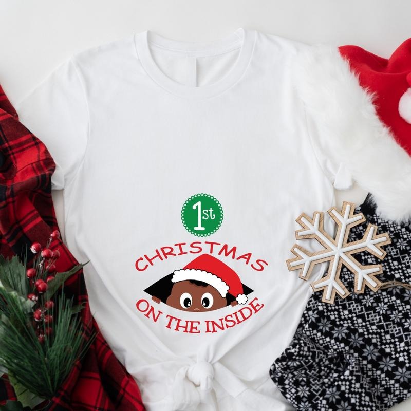 1st Christmas On The Inside T-Shirt, Christmas Afro Baby Announcement Shirt, Santa Pregnant Wife Gift Tee, African Mom To...